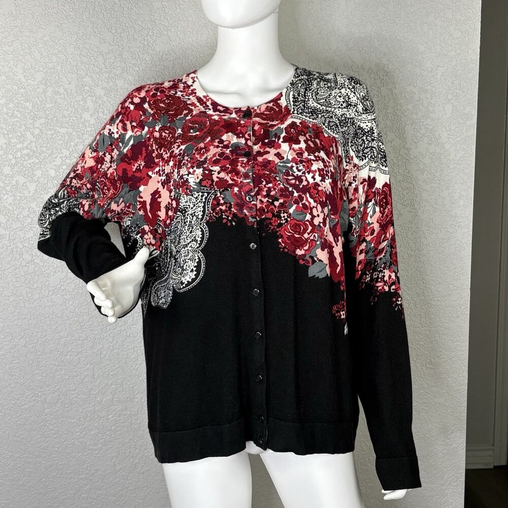 Charter Club Cardigan Sweater Floral Sequined Black Red Pink Size XL